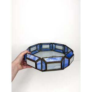 Vintage Blue Octagon Leaded Slag Glass Ceiling light , Mid-century lighting